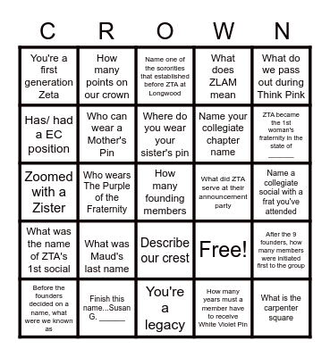 Zeta Tau Alpha Bingo Card