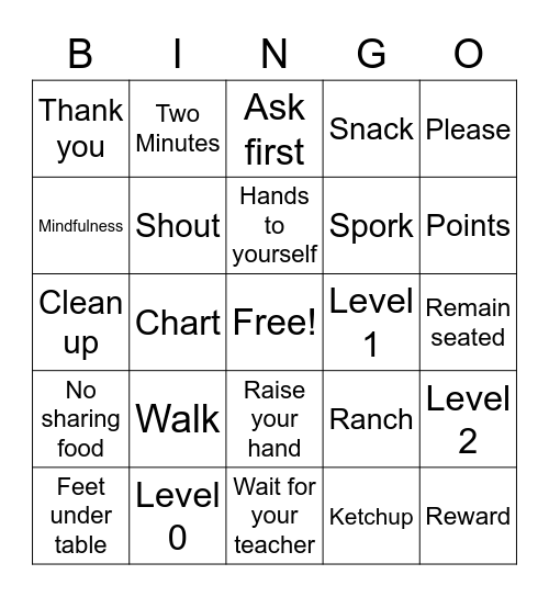 Cafeteria Expectations Bingo Card
