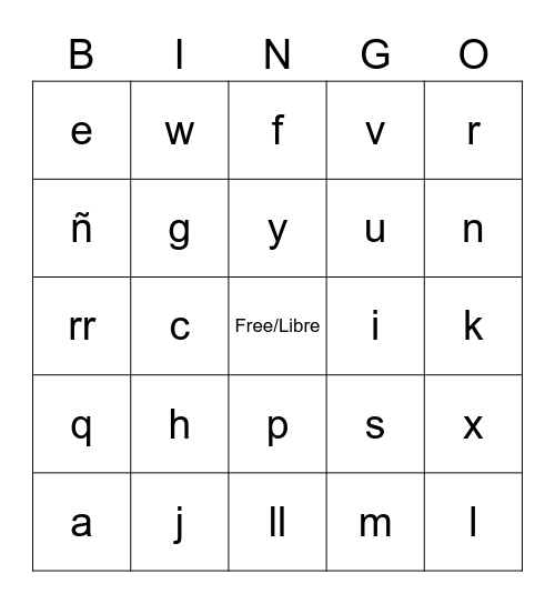 Spanish Alphabet Bingo Card