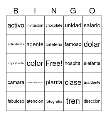 Cognates Bingo Card