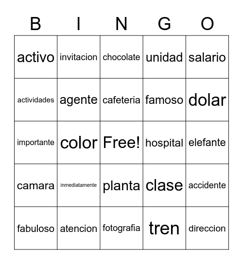 Cognates Bingo Card