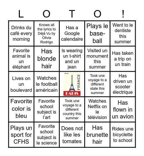 Bienvenue à Français! Bingo Card