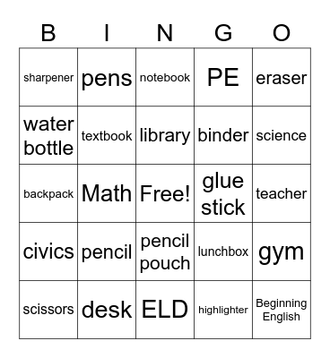 Back to school Bingo Card