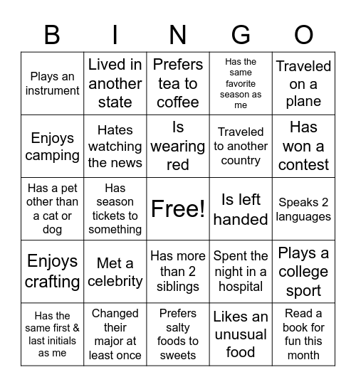 Icebreaker Bingo Card