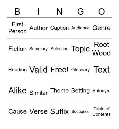 Vocabulary Bingo Card