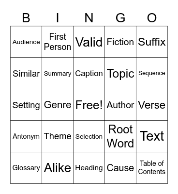 Vocabulary Bingo Card