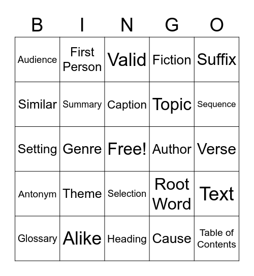 Vocabulary Bingo Card