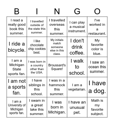 Welcome Back to School Bingo Card