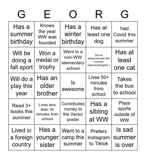 George's Advisory Bingo Card