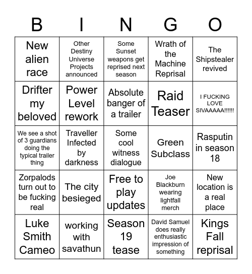 Destiny 2022 Showcase Bingo Card