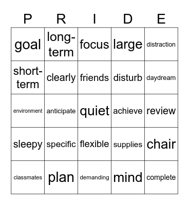 Study Skills Bingo Card