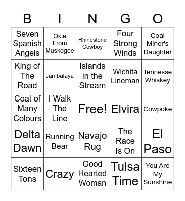 Western Music Bingo Card