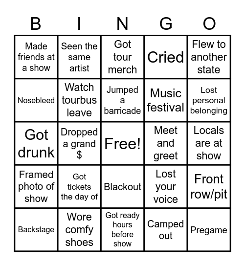 Concert Bingo Card
