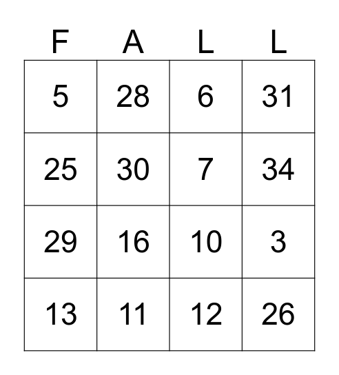 Fall Fact Frenzy Bingo Card