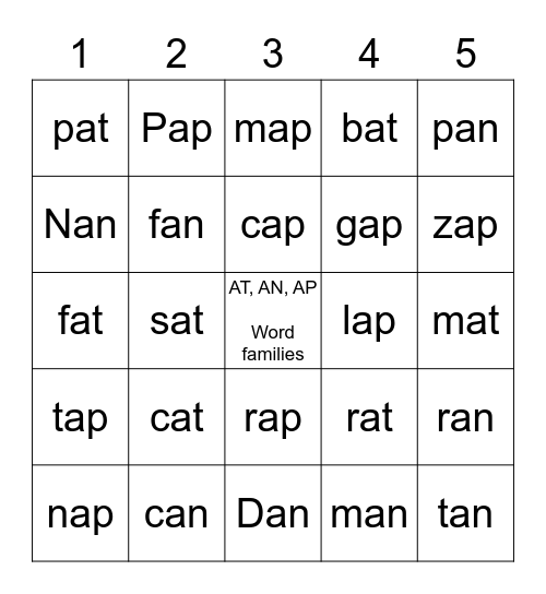 SHORT 'A' Bingo Card