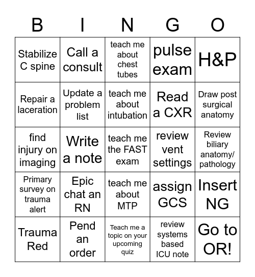 Med Student Trauma Call BINGO Card