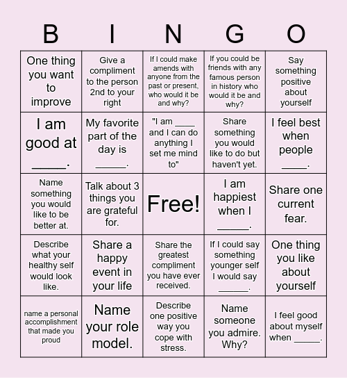 Self-Esteem Bingo Card