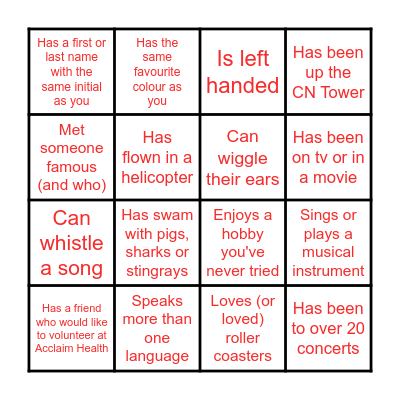 ACCLAIM HEALTH BINGO Card