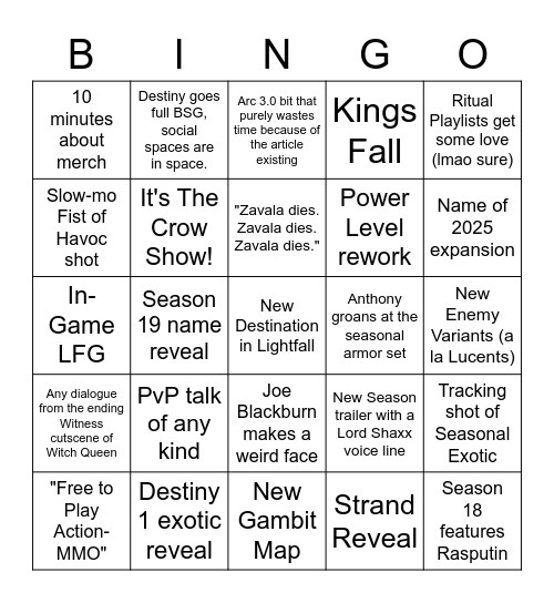 Destiny 2 Showcase Bingo Card