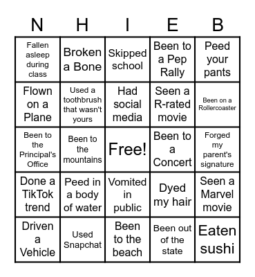 Never Have I Ever BINGO Card