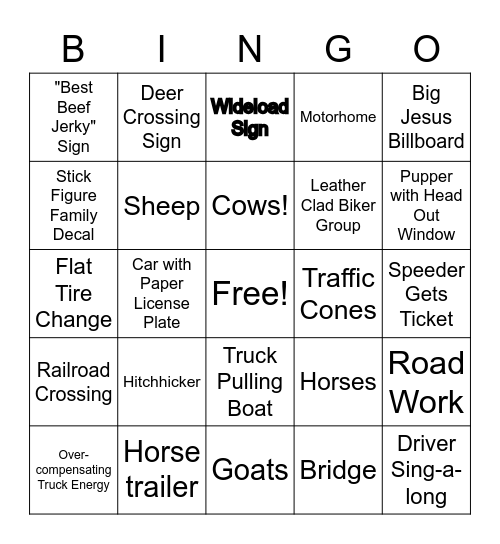 Roadtrip Bingo Card