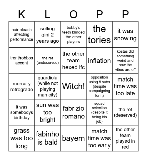 Klopp excuses 22/23 Bingo Card