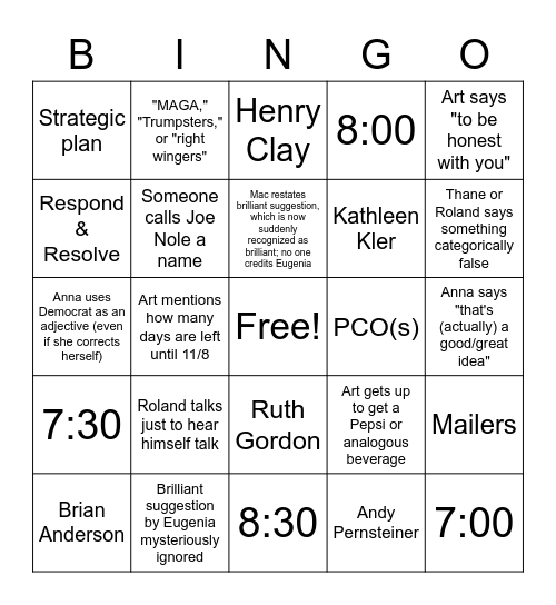 A4S Monday Meeting Bingo Card