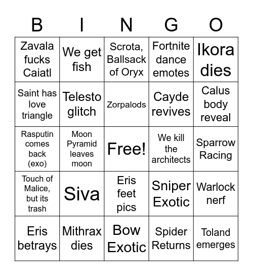 Destiny 2 Season 18 Bingo Card