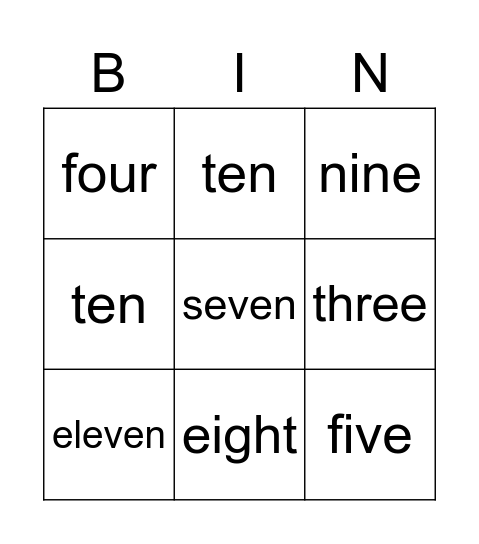 Number Words Bingo Card