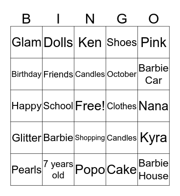 Kaylie's 7th Birthday! Bingo Card