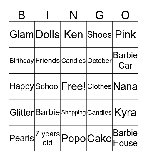 Kaylie's 7th Birthday! Bingo Card