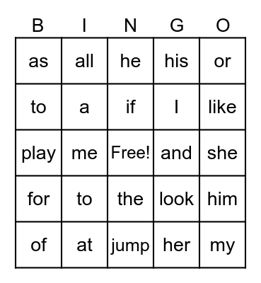 Sight Words Bingo Card