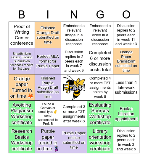 Prof. B's Extra Credit English 224 Bingo Card