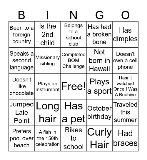 Getting To Know You Bingo Card