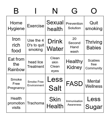 Public Health Bingo Game Bingo Card