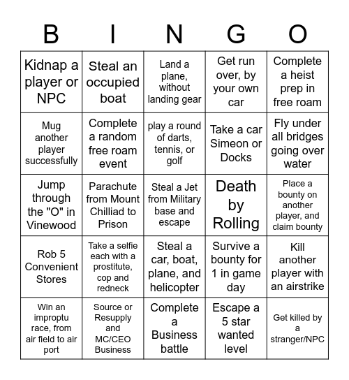 GTA Online Bingo Card