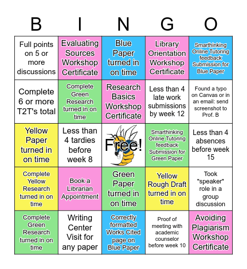 ENG 101- Prof. B Sabau Bingo Card