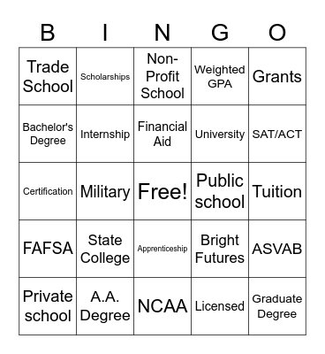 Life After High School Bingo Card