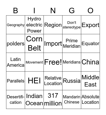 Intro to Geo Bingo Card