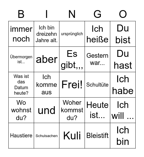 Deutsch 1 Wortschaz bis den 23. 8 Bingo Card