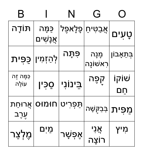 Conversational Hebrew - in a restaurant Bingo Card