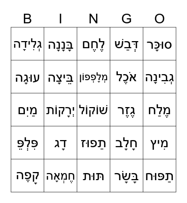 6th Grade Hebrew- Foods Bingo Card