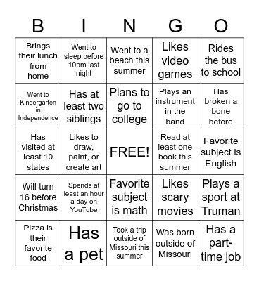 Get to Know Each Other Bingo Card