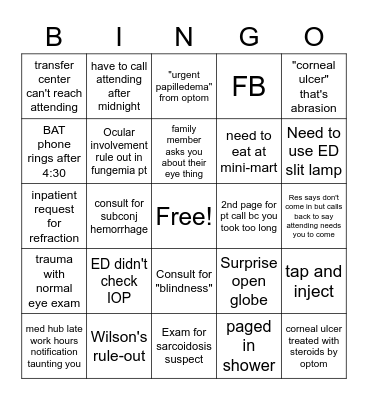 On Call Bingo Card