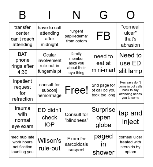 On Call Bingo Card