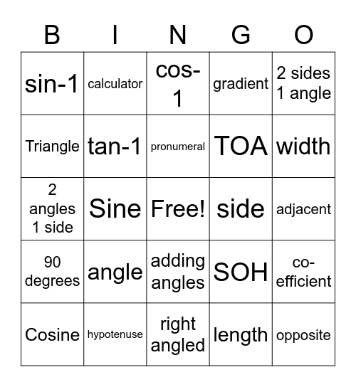 Trigonometry Bingo Card