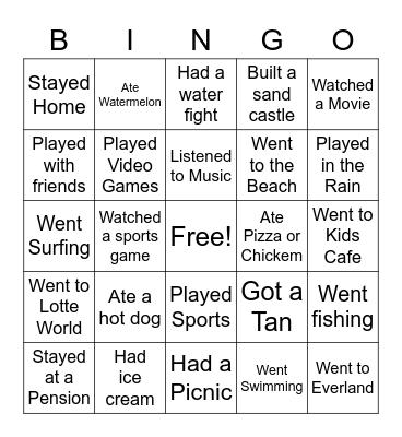 Vacation Bingo Card