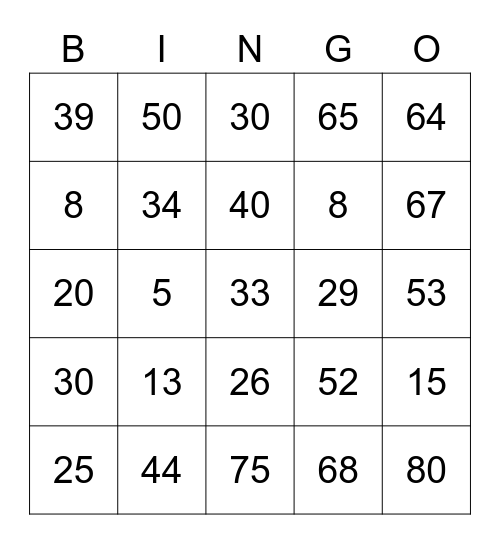 Number Bingo 1-20, 30, 40, 50, 60, 70, 80, 90, 100 Bingo Card