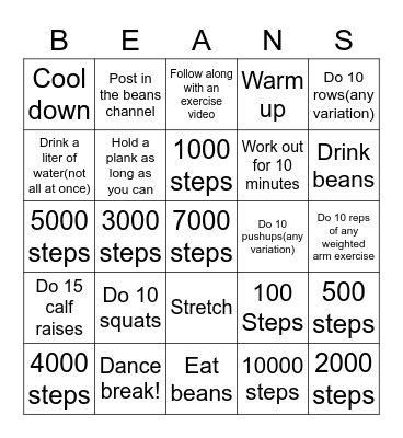 BEAN-GO Bingo Card