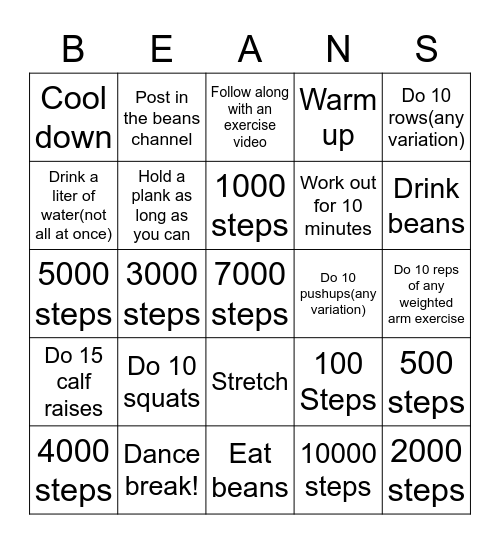 BEAN-GO Bingo Card